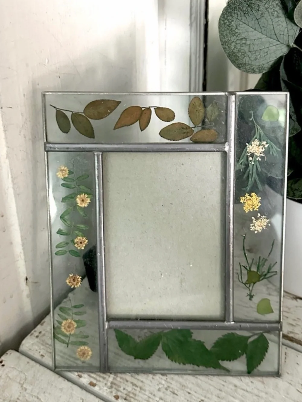 Vintage Dried Pressed Leaves Flowers Glass Picture Photo Frame for 3.5x5” Pic